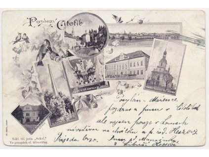 34 - Lounsko, Cítoliby, 7 - mi záběrová koláž s dominantami města, cca 1899, vada