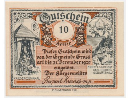 Rakousko, nouzová bankovka 10 h, Grossarl, 1921, krásný stav UNC