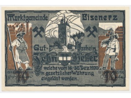 Rakousko, nouzová bankovka 10 h, Eisenerz, 1921, krásný stav UNC