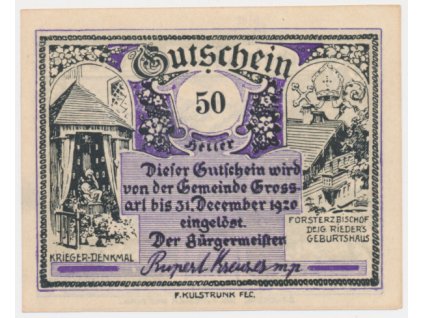 Rakousko, nouzová bankovka 50 h, Grossarl, 1921, krásný stav UNC