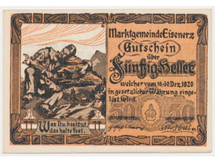 Rakousko, nouzová bankovka 50 h, Eisenerz, 1921, krásný stav UNC