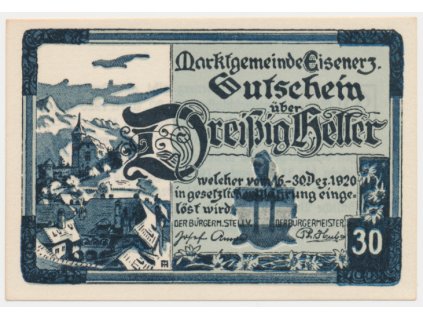 Rakousko, nouzová bankovka 30 h, Eisenerz, 1921, krásný stav UNC