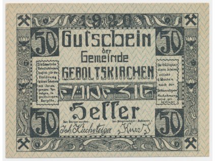 Rakousko, nouzová bankovka 50 h, 1921, krásný stav UNC