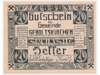 Rakousko, nouzová bankovka 20 h, 1921, krásný stav UNC