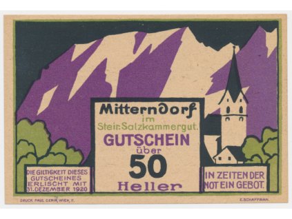 Rakousko, nouzová bankovka 50 h, Mittenrndorf, 1921, krásný stav UNC