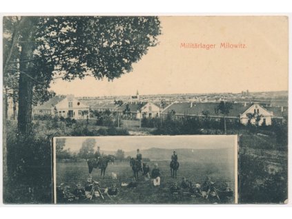 40 - Nymbursko, Milovice, 2 - záběr, vojenský tábor, vojáci, cca 1910