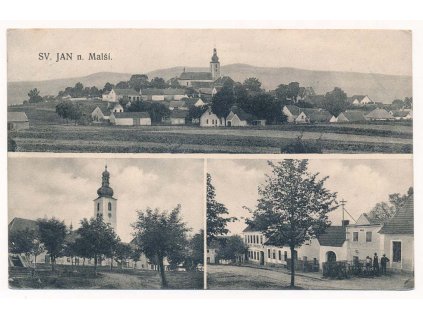 12 - Českobudějovicko, Svatý Jan nad Malší, oživený 3 záběr dominant, mj.hostinec, ca 1930