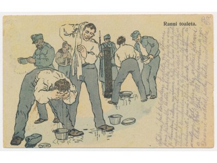 Vojenská satirická pohlednice, Ranní toaleta..., cca 1916