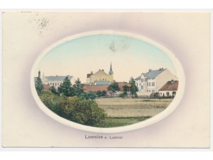 24 - Jindřichohradecko, Lomnice nad Lužnicí, okénková koláž s pohledem na město, cca 1910
