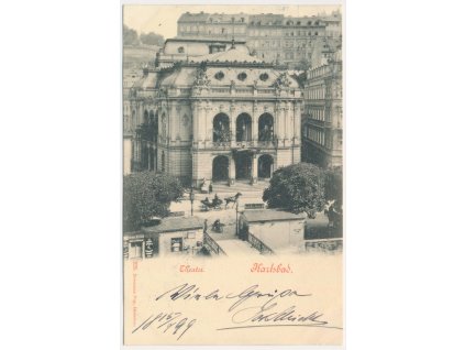 25 - Karlovy Vary (Karlsbad), Theater, oživená partie s pohledem na divadlo, cca 1899
