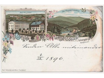 20 - Jablonecko, Kořenov, 2 záběrová litografie, Bad Wurzelsdorf, cca 1896