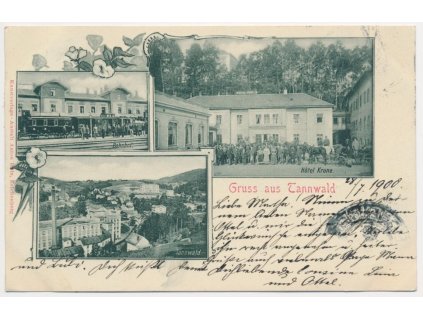 20 - Jablonecko, Tanvald, 3 - záběrová koláž, oživené nádraží..., cca 1900