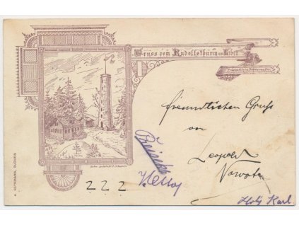 48 - Prachaticko, rozhledna Libín, koláž, cca 1898, prošlá poštou