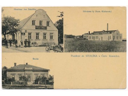 38 - Náchodsko, Stolín, 3 záběr dominant, hostinec, slévárna, škola, cca 1914