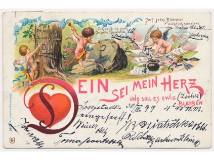 Umělecká pohlednice, Buď se mnou jedno srdce a bude to navždy, litografie, 1899