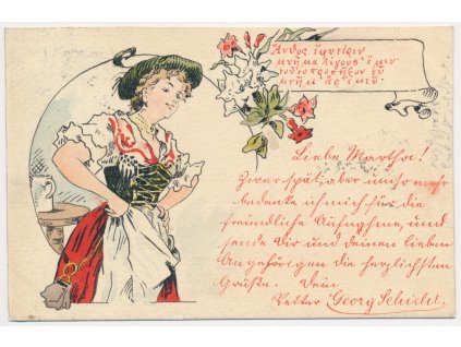 Umělecká pohlednice, selka ze Sudet ve slavnostním, 1901