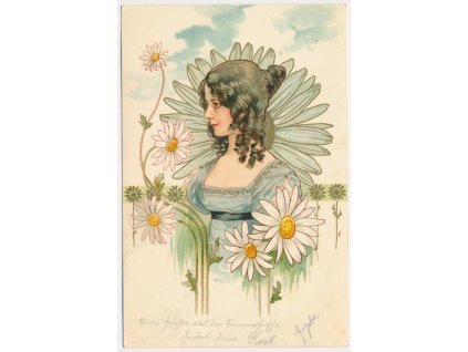 Umělecká pohlednice, Květinová dívka, secesní koláž, 1900