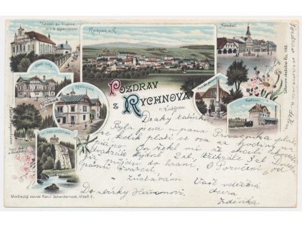 57 - Rychnov nad Kněžnou, 8 - mi záběrová litografie, mj. nádraží, cca 1898