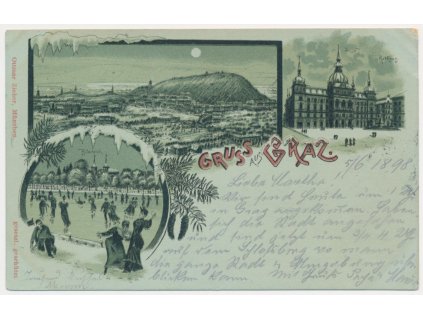 Rakousko, Graz (Štýrský Hradec), 3 záběrová koláž, zimní partie města, cca 1898