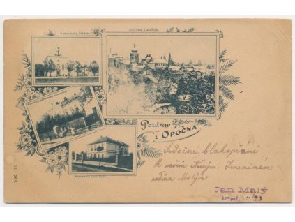 57 - Rychnovsko, Opočno, 3 - záběrová koláž, nemocnice, škola..., 1900