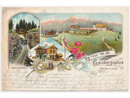 Rakousko, Gaisbergspitze, oživená 3 záběrová litografie, Zahnradbahn..., 1895