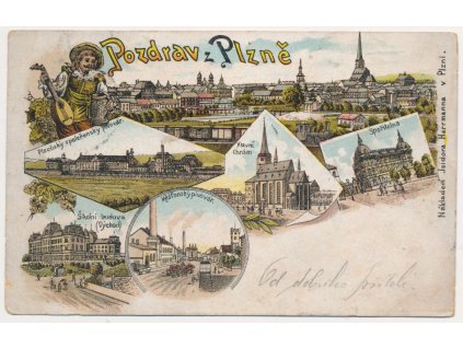 47 - Plzeň, 6 - ti záběrová litografie, pivovary, Chrám, škola..., cca 1897
