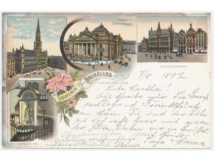 Belgie, Bruxelles (brusel), 4 záběrová litografie, Hotel de Ville, Bourse de Commerce..., cca 1897