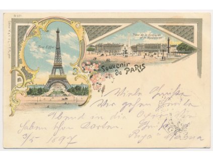Francie, Paris (Paříž), 2 - záběrová koláž, Tour Eiffel, Place de la Concorde et la Madeleine, cca 1897