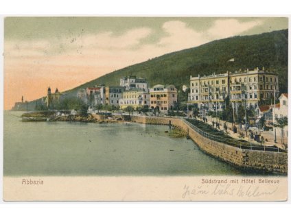 Chorvatsko, Abbazia (Opatija), Südstrand mit Hotel Bellevue, cca 1906