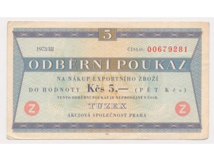 ČSSR, 5 Bonů, 1973/III.., číslo 00679281, písmeno Z (!!), stav 1