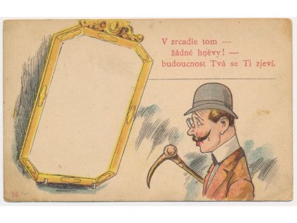 Satirická, tzv. Světelná pohlednice, Při pohledu proti světlu se zobrazí skrytý obrázek v ploše zrcadla - v tomto případě šibenice s oběšencem, cca 1896