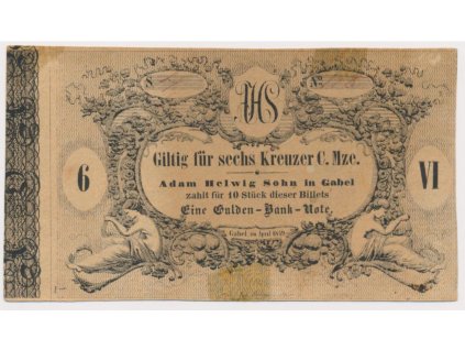 Čechy, Jablonné v Podještědí (Gabel), 6 Krejcar, 1849, peněžní poukázka