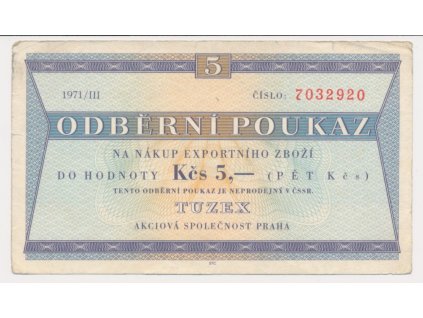 ČSSR, 5 Bonů, 1971/III.., číslo 7032920, pěkný stav 1