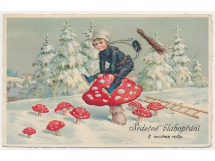 Novoroční přání s kominíkem, zasněžená krajina, muchomůrky..., cca 1936