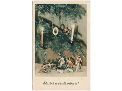 Šťastné a veselé Vánoce, betlém pod stromečkem, cca 1947