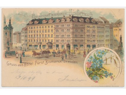Německo, Dresden, koláž "Gruss aus Hotel Fürst Bismarck Dresden", cca 1899