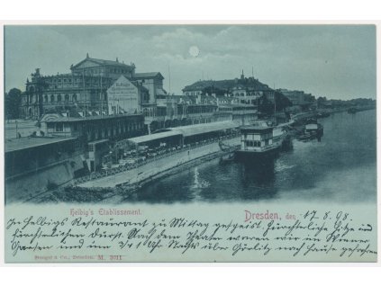 Německo, Dresden, Helbig's Etablissement, pohled za soumraku, cca 1898