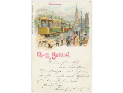 Německo, Berlín, koláž "Gruss aus Berlin, lidé, tramvaj..., cca 1898