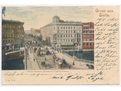 Německo, Berlín, Weidendammer Brücke m. Friedrichstrasse, oživená ulice, tramvaje, cca 1901