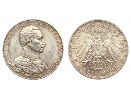 Prusko, 3 Marka, 1913 A, Ag mince, stav 1/1...viz autentické foto