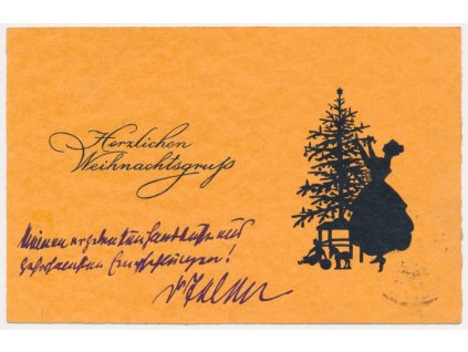Vánoční přání, Herzlichen Weihnachtsgrüsse, silueta u stromečku, cca 1922