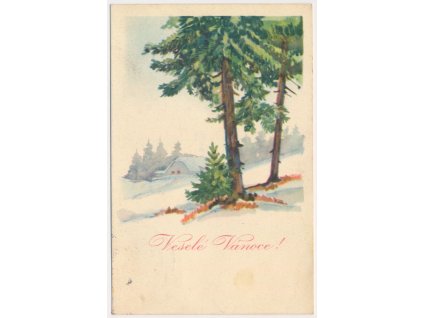 Blahopřejná pohlednice, Veselé Vánoce, zimní krajina, cca 1938