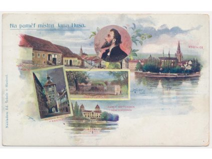 48 - Prachaticko, Husinec/Německo, Kostnice, koláž "Na paměť mistra J. Husa", cca 1900