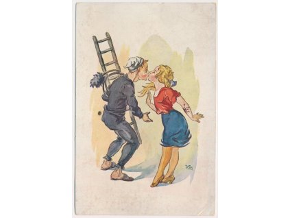 Novoroční pozdrav, "Slečna líbá kominíka", cca 1930