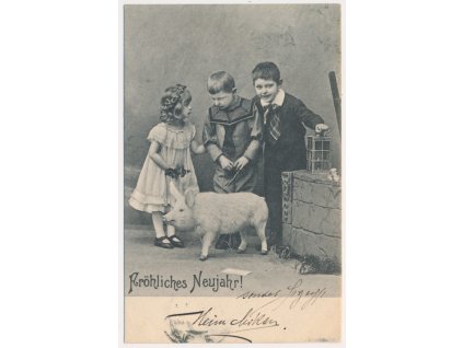 Novoroční blahopřání, Fröhliches Neujahr, "Děti s prasátkem", cca 1908