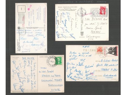 Košíková, 4 ks pohlednic s vlastnoručními podpisy reprezentantů, sběratelský list