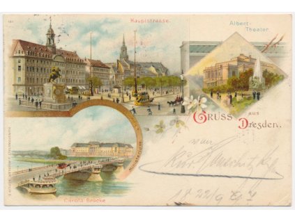 Německo, Dresden (Drážďany), 3 - záběrová koláž, Hauptstrasse, Albert-Theater..., cca 1897