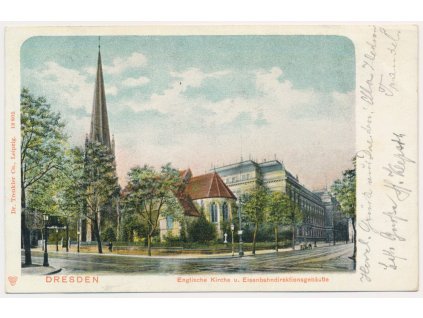 Německo, Dresden (Drážďany), Englische Kirche u. Eisenbahndirektionsgebäude, cca 1910