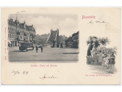 Německo, Blasewitz, 2 záběr, Schiller-Platz mit Brücke, Die Linde im Schillergarten, cca 1899