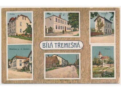 66 - Trutnovsko, Bílá Třemešná, 6-ti záběr, hostinec, pošta, škola, nádraží..., cca 1917